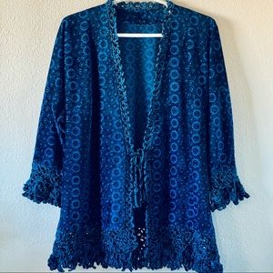 Beautiful Floral Blue Velvet Crochet Lace Duster Coat Jacket L